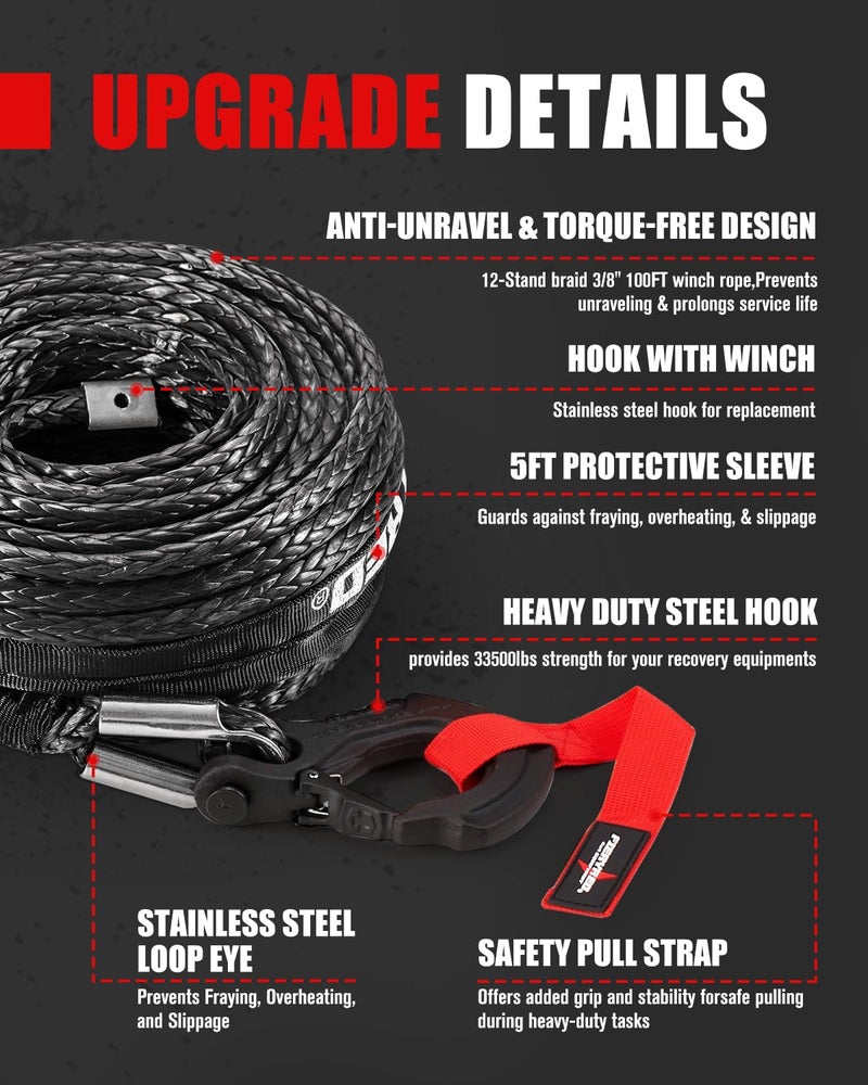 FieryRed Synthetic Winch Rope Cable Kit 3/8inch 100FT 26500lbs Winch Line Replacement with Forged Hook Protective Sleeve for 4WD Off-Road Vehicle SUV, Black - Image 4